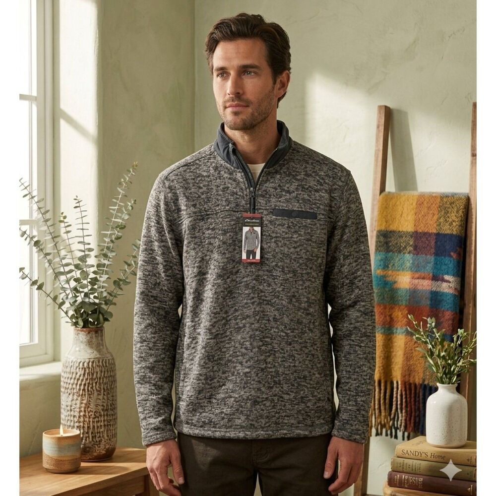Eddie Bauer Fleece Pullover Mens XL Gray 1/4 Zip Moc Neck Pockets Warm